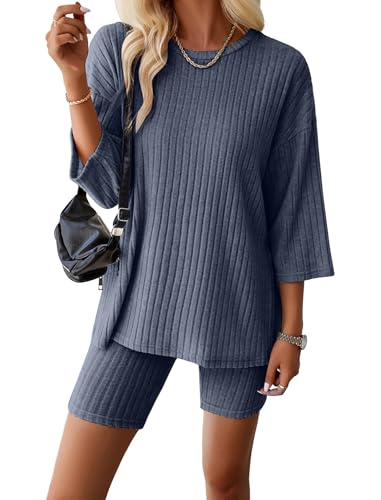 EFOGEP Schlafanzug Damen Pyjamas Set 2PCS: Lounge Wear Rippenstrick Pullover Top T-Shirt + Biker Shorts Loungewear Pjs Trainingsanzug Nachtw�sche Homewear Sweatsuits Gem�tliche Freizeitanz�ge Blau S von EFOGEP