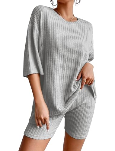 EFOGEP Schlafanzug Damen Pyjamas Set 2PCS: Lounge Wear Rippenstrick Pullover Top T-Shirt + Biker Shorts Loungewear Pjs Trainingsanzug Nachtw�sche Homewear Sweatsuits Gem�tliche Freizeitanz�ge Grau S von EFOGEP
