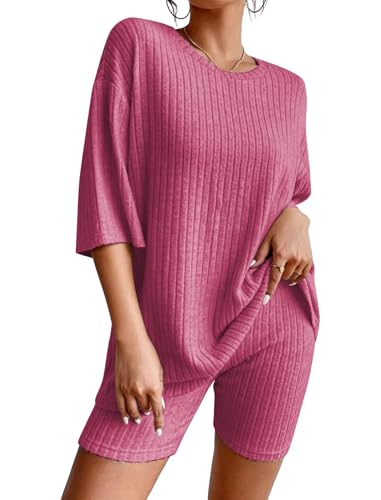EFOGEP Schlafanzug Damen Pyjamas Set 2PCS: Lounge Wear Rippenstrick Pullover Top T-Shirt und Biker Shorts Loungewear Pjs Trainingsanzug Nachtw�sche Homewear Sweatsuits Freizeitanz�ge HEI�es Rosa S von EFOGEP
