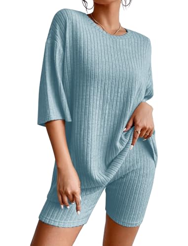 EFOGEP Schlafanzug Damen Pyjamas Set 2PCS: Lounge Wear Rippenstrick Pullover Top T-Shirt und Biker Shorts Pjs Trainingsanzug Nachtw�sche Homewear Sweatsuits Gem�tliche Freizeitanz�ge Hellblau M von EFOGEP