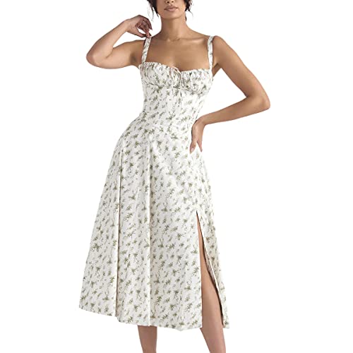 Frauen Floral Korsett Kleid, Boho Sommer Spaghettiträger Quadratischer Ausschnitt Casual Midi Kleid Flowy Schlitz Bustier Kleider, Weiß+grün Floral, Groß von EFOGEP