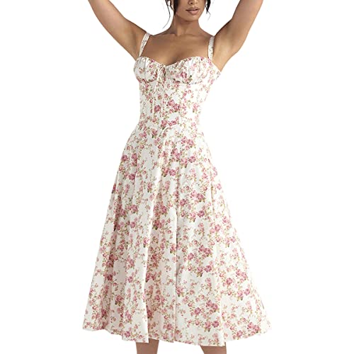 Frauen Floral Korsett Kleid, Boho Sommer Spaghettiträger Quadratischer Ausschnitt Casual Midi Kleid Flowy Schlitz Bustier Kleider, Weiß+rosa Blumen, Klein von EFOGEP