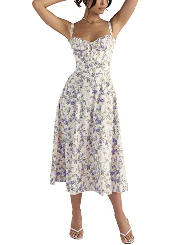 EFRANO Sommer Strand Korsett Kleid Druck Bustier Sommerkleid Spaghettiträger Ärmellos Split Lange Kleider für Damen von EFRANO