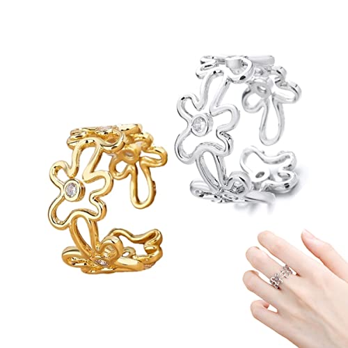 EFRANO Vintage hohler Blumenring,Schöner Verstellbarer Fingerring,Mode Einfacher Hip Hop Offener Ring,Statement-Schmuck für Damen Mädchen (A+B) von EFRANO