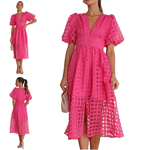 Quadratisch gemustertes Strickkleid mit Puffärmeln, Midi Kleider in A-Linie, Damen Sommerkleid mit tiefem V-Ausschnitt (Rose Red,L) von EFRANO