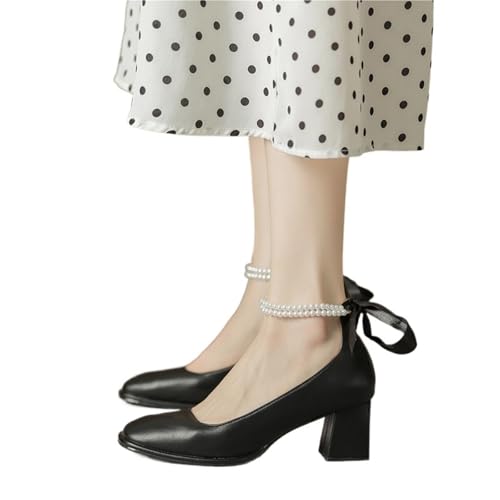 Ladies High Heels Elegant Bow Square Toe High Heels Thick Heel Wedding Pearl Lace Shoes(Black,35) von EFRJUWI