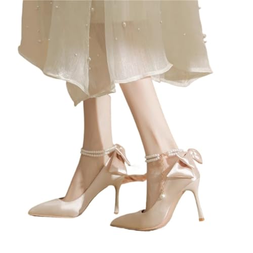 Stiletto Heel Point Toe Pearls Buckle Belt High Heel Ladies Bow Satin Fabric Wedding Pumps(Beige,35) von EFRJUWI