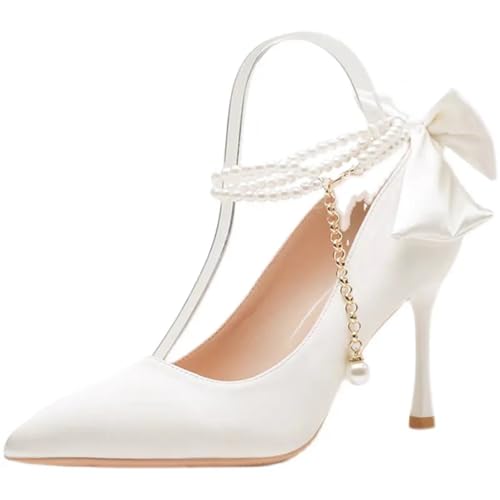 Stiletto Heel Point Toe Pearls Buckle Belt High Heel Ladies Bow Satin Fabric Wedding Pumps(White,40) von EFRJUWI