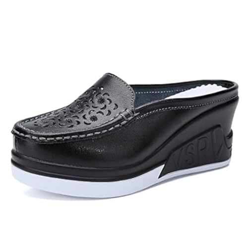Damen-Pantoletten aus echtem Leder, hohl, rückenfrei, atmungsaktiv, bequem, Schlupfschuhe, Krankenschwestern, elegante Keilabsatz, Wandersandalen, Schwarz, 37.5 EU von EFTCAL