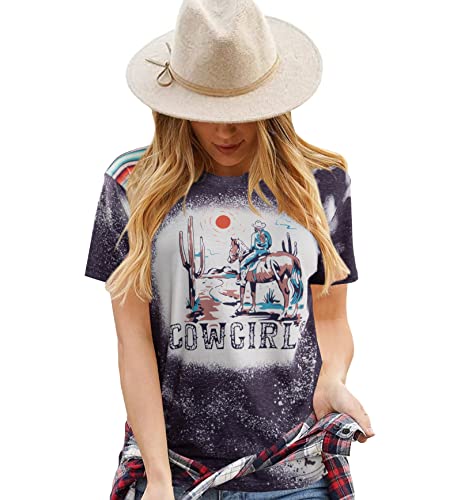 Damen Cowgirl Shirt Long Live Graphic Western T-Shirt Reiten Pferd Print Tees Bleached Casual Short Sleeve Tops, Grau2, Mittel von EGELEXY