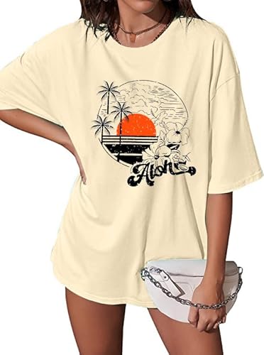 Damen Oversized T Shirts Aloha Shirts Hawaii Grafik Tees Sonnenuntergang Grafik Tees für Frauen Casual Sommer Tops, aprikose, XX-Large von EGELEXY