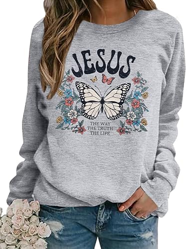 EGELEXY Jesus Sweatshirt Damen The Way The Truth The Life Christian Sweatshirt Bibelvers Shirts Religiöse Pullover, GRAU, L von EGELEXY