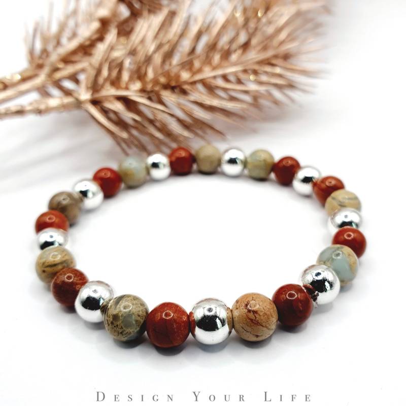Waage Sternzeichen Armband Aus Edelstein Perlen Serpentin Jaspis Und Roter Mit Silber Spacer - Perlenarmband Natursteinperlen von EGELUX