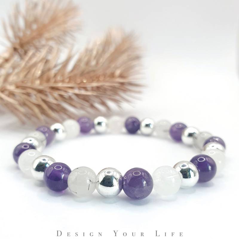sternzeichen Jungfrau Armband Aus Edelstein Perlen Amethyst Und Rutilquarz Mit Hämatitperlen - Perlenarmband Natursteinperlen von EGELUX