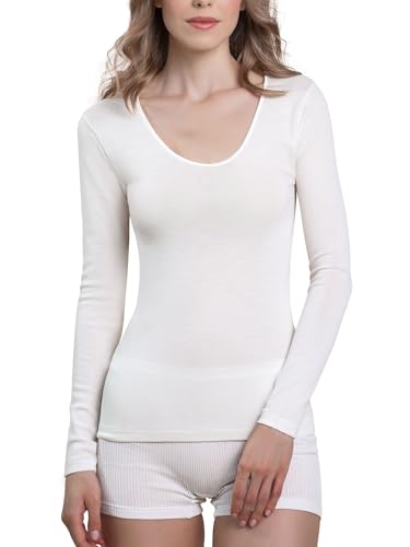 EGI ® Luxuriöses Damen-Langarm-T-Shirt aus Merinowolle und Seide. Hergestellt in Italien., Bianco (Off-White), Mittel von EGI