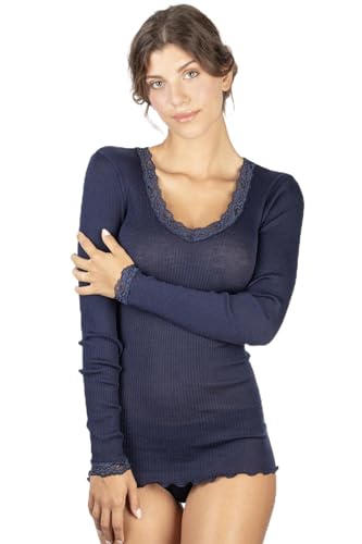 EGI Damen-Shirt mit langen Ärmeln, Wolle und Seide, gerippt mit Spitze, blau, X-Large von EGI
