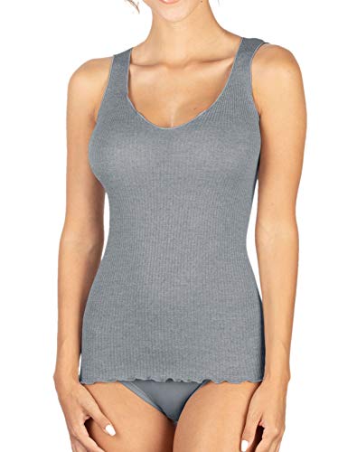 EGI Damen-Top mit geripptem Rücken aus 85 % Wolle und 15 % Seide mit Plissé-Band, Grau L-XL von EGI
