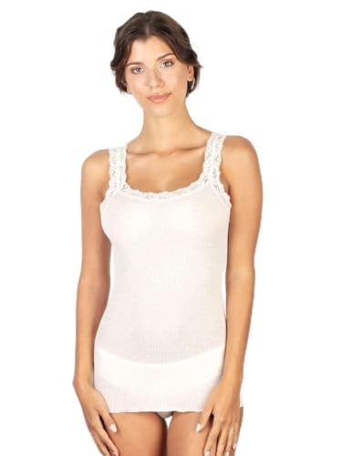EGI Tanktop mit schmaler Schulter Plisse mit Spitze für Damen Wolle 85 % und Seide 15 % Hergestellt in Italien ausgezeichnete Qualität Art. 1491, cypra, S-M EGI Tanktop mit schmaler Schulter Plisse mit Spitze für Damen Wolle 85 % und Seide 15 % Hergestellt in Italien ausgezeichnete Qualität Art. 1491, cypra, S-M von EGI