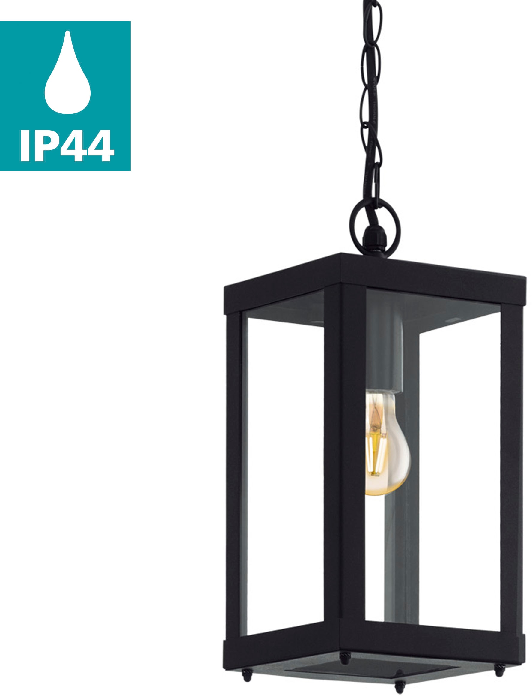 EGLO Hängeleuchte "ALAMONTE 1 Pendellampe, Stahl und Glas, IP44, E27, Außenlampe, Lampe" E27 Hängeleuchte, L15 x B15 x H113 cm, schwarz, 1X60W exkl. von EGLO