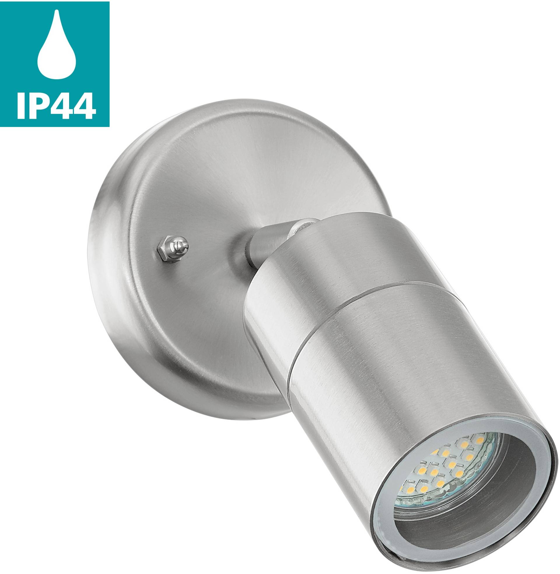 EGLO LED Außen-Wandleuchte "STOCKHOLM1 Spot, Wandspot, Außenleuchte, Eddelstahl, silber, IP44" GU10 1 Stk. Warmweiß Eckmontage möglich, GU10, Garten, Terrasse, Hauswand, Garage, 10cm von EGLO