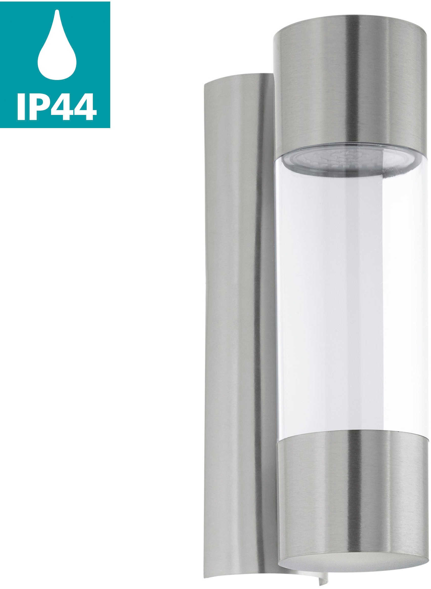 EGLO Wandleuchte "ROBLEDO Wandlampe, Edelstahl und Kunststoff, IP44, Außenlampe, Lampe" LED-Board 1 Stk. Warmweiß Wand-/Deckenleuchte, L7,5 x H26 x AL12 cm, edelstahl, 2X3,7W inkl. von EGLO