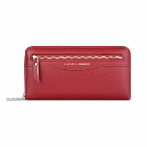 EGLOW Damen-Leder-Geldbörse, leicht, mit Reißverschluss, Lange Geldbörsen, mehrere Taschen, Clutch-Geldbörse, modisch, schlicht, klassisch, vegan, weiches PU-Leder, Kartenhalter (Color : Red) von EGLOW