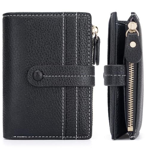 EGLOW Kleine Leder-Geldbörse für Damen, RFID-blockierende Bifold-Geldbörsen, Reißverschluss-Leder-Geldbörse, Kreditkartenetui, Geldbörsen mit Ausweisfenster (Color : Black) von EGLOW