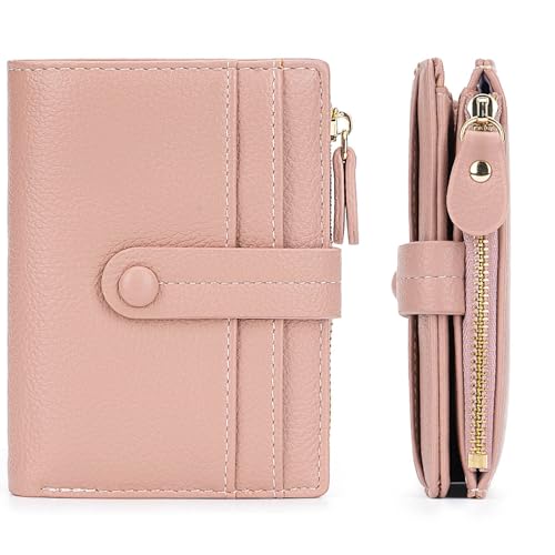 EGLOW Kleine Leder-Geldbörse für Damen, RFID-blockierende Bifold-Geldbörsen, Reißverschluss-Leder-Geldbörse, Kreditkartenetui, Geldbörsen mit Ausweisfenster (Color : Pink) von EGLOW