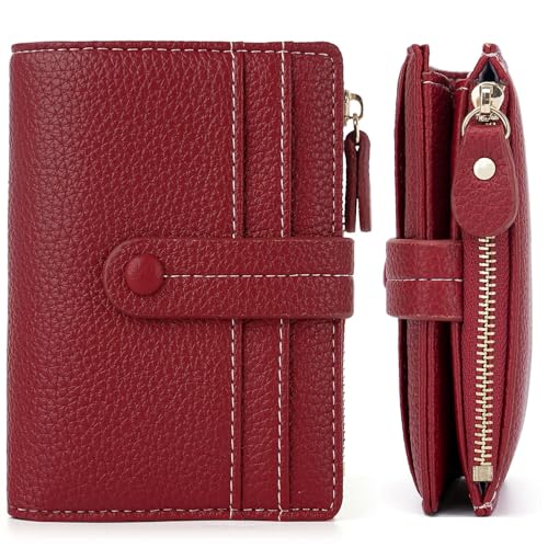 EGLOW Kleine Leder-Geldbörse für Damen, RFID-blockierende Bifold-Geldbörsen, Reißverschluss-Leder-Geldbörse, Kreditkartenetui, Geldbörsen mit Ausweisfenster (Color : Red) von EGLOW