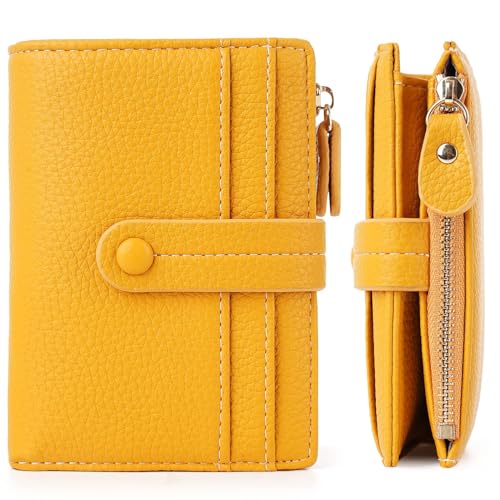 EGLOW Kleine Leder-Geldbörse für Damen, RFID-blockierende Bifold-Geldbörsen, Reißverschluss-Leder-Geldbörse, Kreditkartenetui, Geldbörsen mit Ausweisfenster (Color : Yellow) von EGLOW