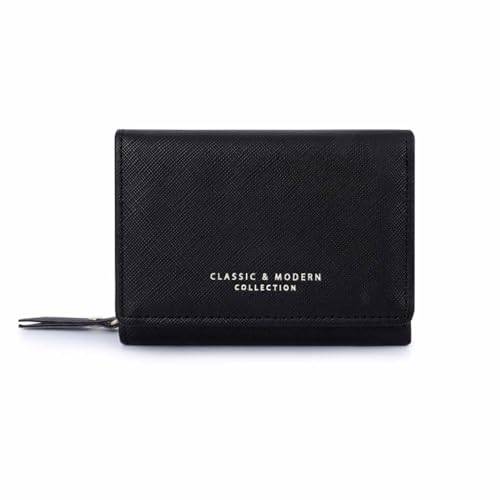 EGLOW Leder-Geldbörsen für Damen, schlankes Portemonnaie mit Reißverschluss, kleines PU-Leder, Kreditkartenetui, Münzgeldbörse, Mini-Geldbörse mit Ausweisfenster (Color : Black) von EGLOW