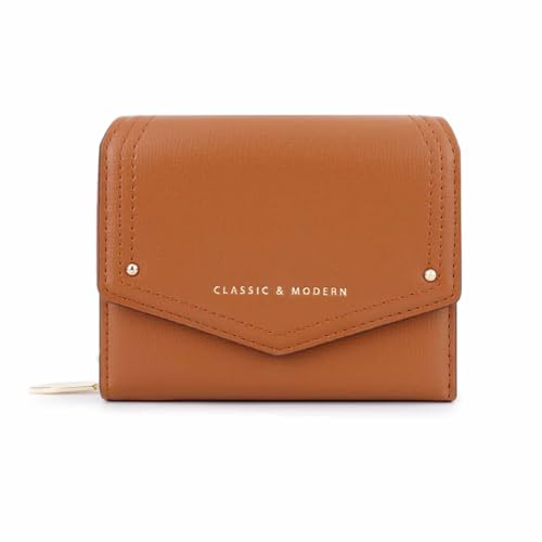 EGLOW Mode Weiches Leder Kleine Geldbörse Flapover Bifold Geldbörse Reißverschlussfach Geldkarte Ausweis Fenster Geldbörse für Frauen Mädchen (Color : Brown) von EGLOW