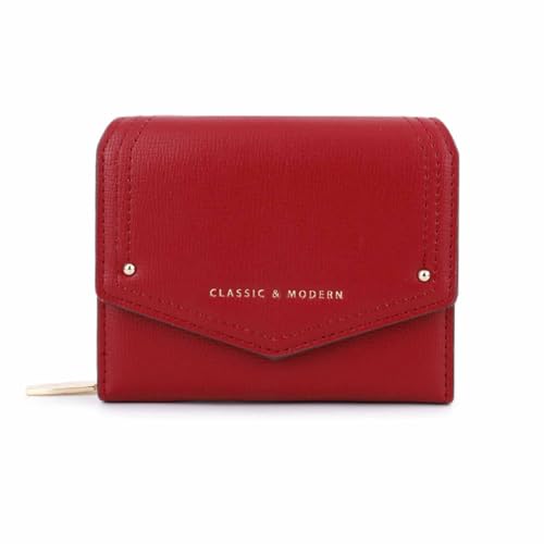 EGLOW Mode Weiches Leder Kleine Geldbörse Flapover Bifold Geldbörse Reißverschlussfach Geldkarte Ausweis Fenster Geldbörse für Frauen Mädchen (Color : Red) von EGLOW