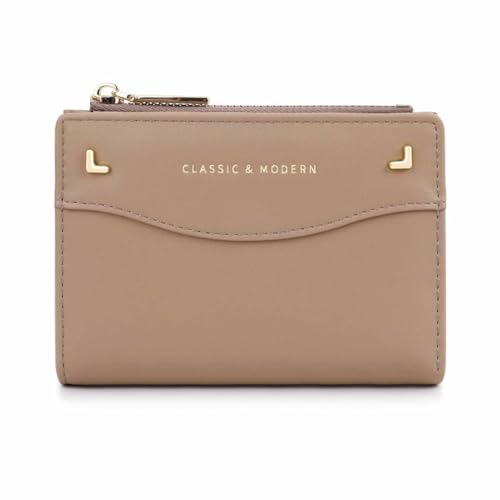 EGLOW Modische Damen-Geldbörse, schlicht, klein, Bifold, schmal, mit Reißverschluss, Geldbörse, Kreditkartenfächer, Ausweisfenster (Color : Brown) von EGLOW