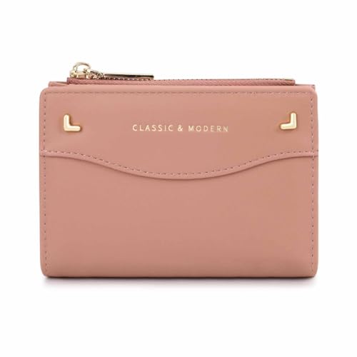 EGLOW Modische Damen-Geldbörse, schlicht, klein, Bifold, schmal, mit Reißverschluss, Geldbörse, Kreditkartenfächer, Ausweisfenster (Color : Pink) von EGLOW