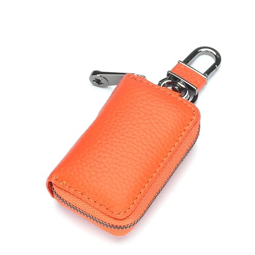 EGLOW Tragbares Leder-Autoschlüsseletui, weiches Echtleder-Auto-Schlüsselanhänger, Schlüsselanhänger-Halter, Metallhaken und Schlüsselring-Reißverschlusstasche für Fernbedienung (Color : Orange) von EGLOW