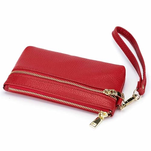 Einfache weibliche Lange Clutch-Kartentasche, Aufbewahrungstasche, Mini-Damen, kreativ, klein, ultradünn, erste Schicht, Rindsleder-Geldbörse, Münzgeldbörse mit Handgelenkschlaufe (Color : Red) von EGLOW