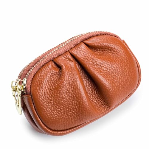 Mehrschichtige, einfache Geldbörse, weiches Echtleder, doppellagiger Reißverschluss, multifunktional, praktisch, faltbar, Damen-Kartenhalter, Clutch, Schlüsseletui (Color : Brown) von EGLOW