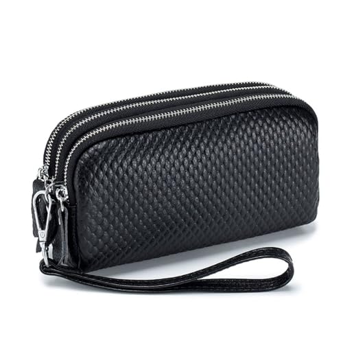 Melonensamen-Muster, Damen-Geldbörse mit DREI Reißverschlüssen, Münzfach, erste Schicht, Handytasche aus Rindsleder für Frauen, große Kapazität, Lange Clutch-Geldbörse (Color : Black) von EGLOW