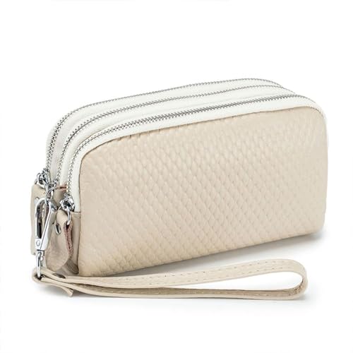 Melonensamen-Muster, Damen-Geldbörse mit DREI Reißverschlüssen, Münzfach, erste Schicht, Handytasche aus Rindsleder für Frauen, große Kapazität, Lange Clutch-Geldbörse (Color : White) von EGLOW