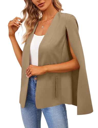 Damen Cape Blazer Split Langarm Open Front Blazer Jacke Business Casual Anzug Tops Cardigan Mäntel, Dunkles Khaki, S von EGOCKAL