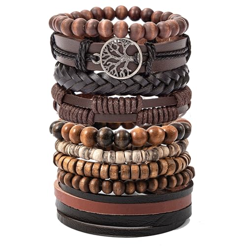 EGOINA Leder Armband für Herren Punk Leder 8-10 Stücke Geflochtene Manschette Armband Holzperlen Totenkopf Metall Lederarmband EGOINA Leder Armband für Herren Punk Leder 8-10 Stücke Geflochtene Manschette Armband Holzperlen Totenkopf Metall Lederarmband von EGOINA