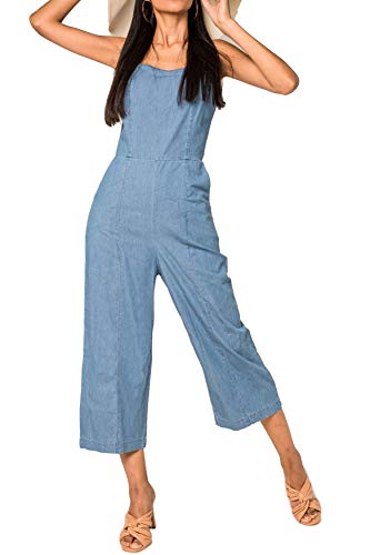 EGOMAXX Damen Leichter Sommer Jumpsuit Jeans Design Biker Fashion Latzhose Denim Combi Hosenanzug, Farben:Blau, Größe:42 von EGOMAXX