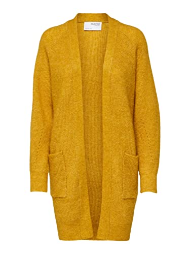 Damen Selected Lange Strickjacke mit Taschen | Stretch Casual SLFLULU Open Cardigan Mantel Locker Gerippt, Farben:Senfgelb, Größe:XS von EGOMAXX