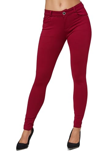 Damen Stretch Hose Skinny Fit Pants Push Up Leggings High Waist Stoffhose Big Size Treggings, Farben:Rot, Größe:42 von EGOMAXX