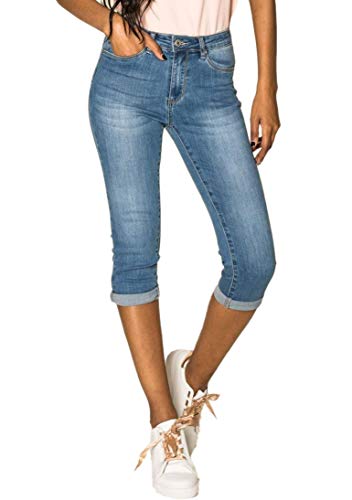 EGOMAXX Damen Capri Jeans Shorts Stretch Skinny 3/4 Bermuda Kurze 5 Pocket Hose Weich Denim Casual, Farben:Blau, Größe:42 von EGOMAXX