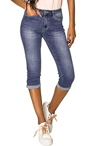 EGOMAXX Damen Capri Jeans Shorts Stretch Skinny 3/4 Bermuda Kurze 5 Pocket Hose Weich Denim Casual, Farben:Blau-2, Größe:38 von EGOMAXX