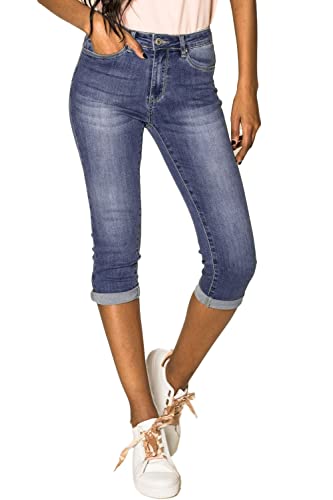 EGOMAXX Damen Capri Jeans Shorts Stretch Skinny 3/4 Bermuda Kurze 5 Pocket Hose Weich Denim Casual, Farben:Blau-2, Größe:50 von EGOMAXX