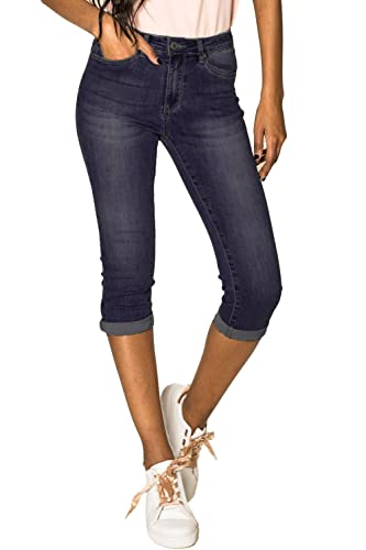 EGOMAXX Damen Capri Jeans Shorts Stretch Skinny 3/4 Bermuda Kurze 5 Pocket Hose Weich Denim Casual, Farben:Dunkelblau, Größe:40 von EGOMAXX