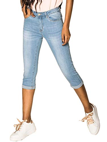 EGOMAXX Damen Capri Jeans Shorts Stretch Skinny 3/4 Bermuda Kurze 5 Pocket Hose Weich Denim Casual, Farben:Hellblau, Größe:42 von EGOMAXX